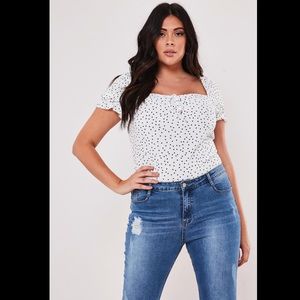plus size white polka dot milkmaid bodysuit